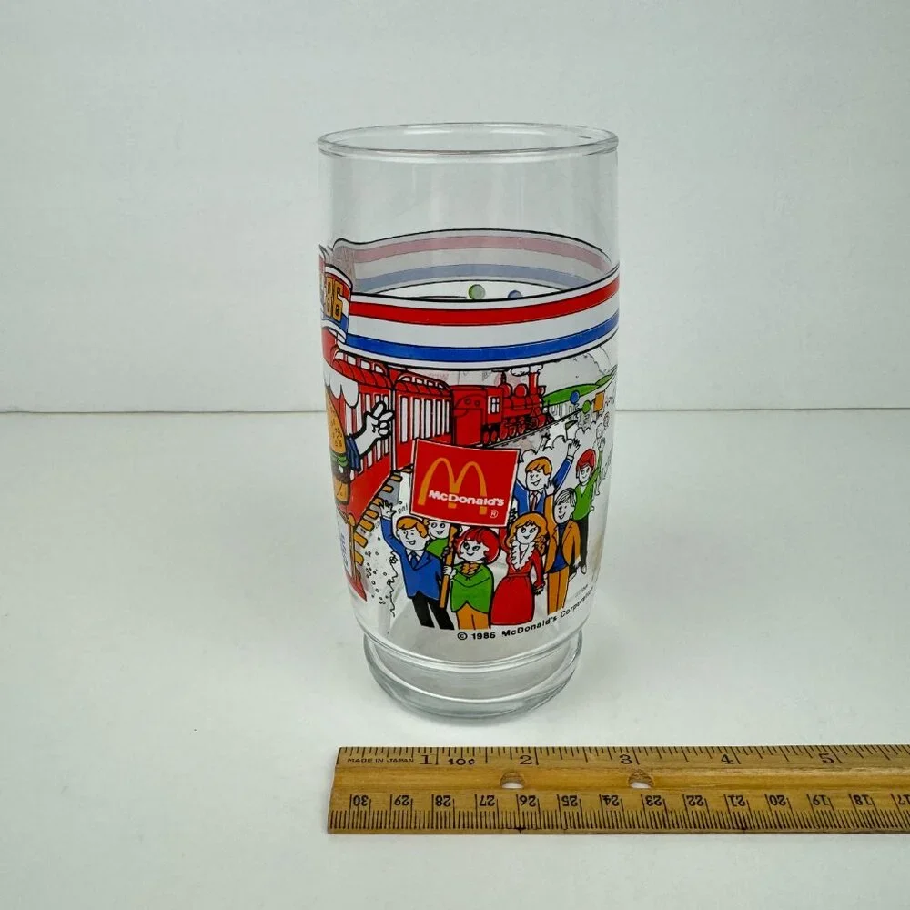 Vtg 1986 McDonalds Mc Vote Clear Drinking Glass‎ Thin Cheese Burger Collectible